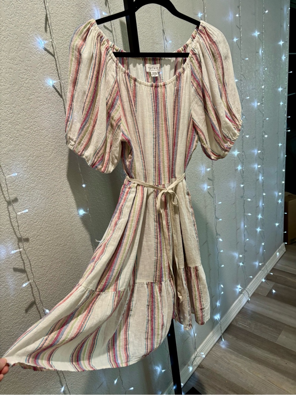 Anthropologie Velvet Brand Striped White midi dress with Pink, Blue and Green 🌻🌷